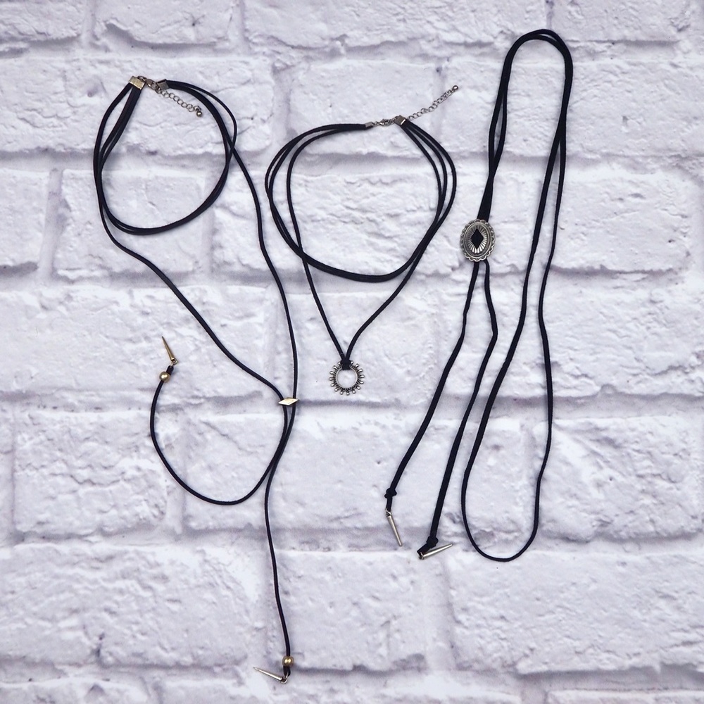 THREE Black Leather Cord Chokers